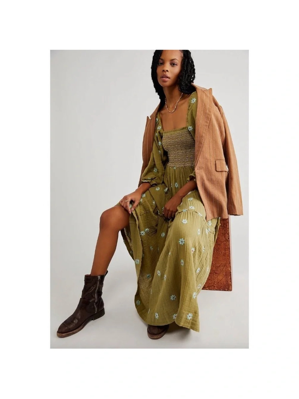 NWT free people Olive Green Floral Smocked Maxi